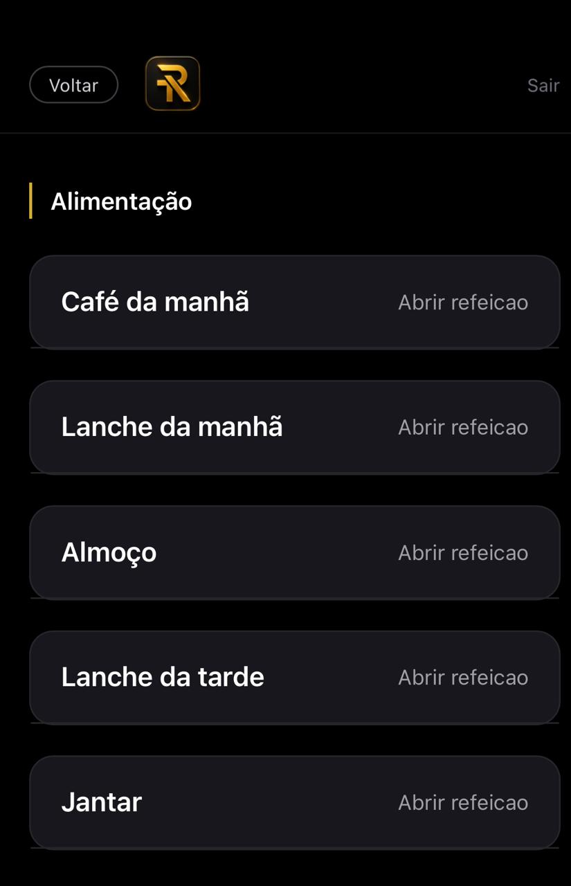 Seção de alimentação do app com as refeições do dia